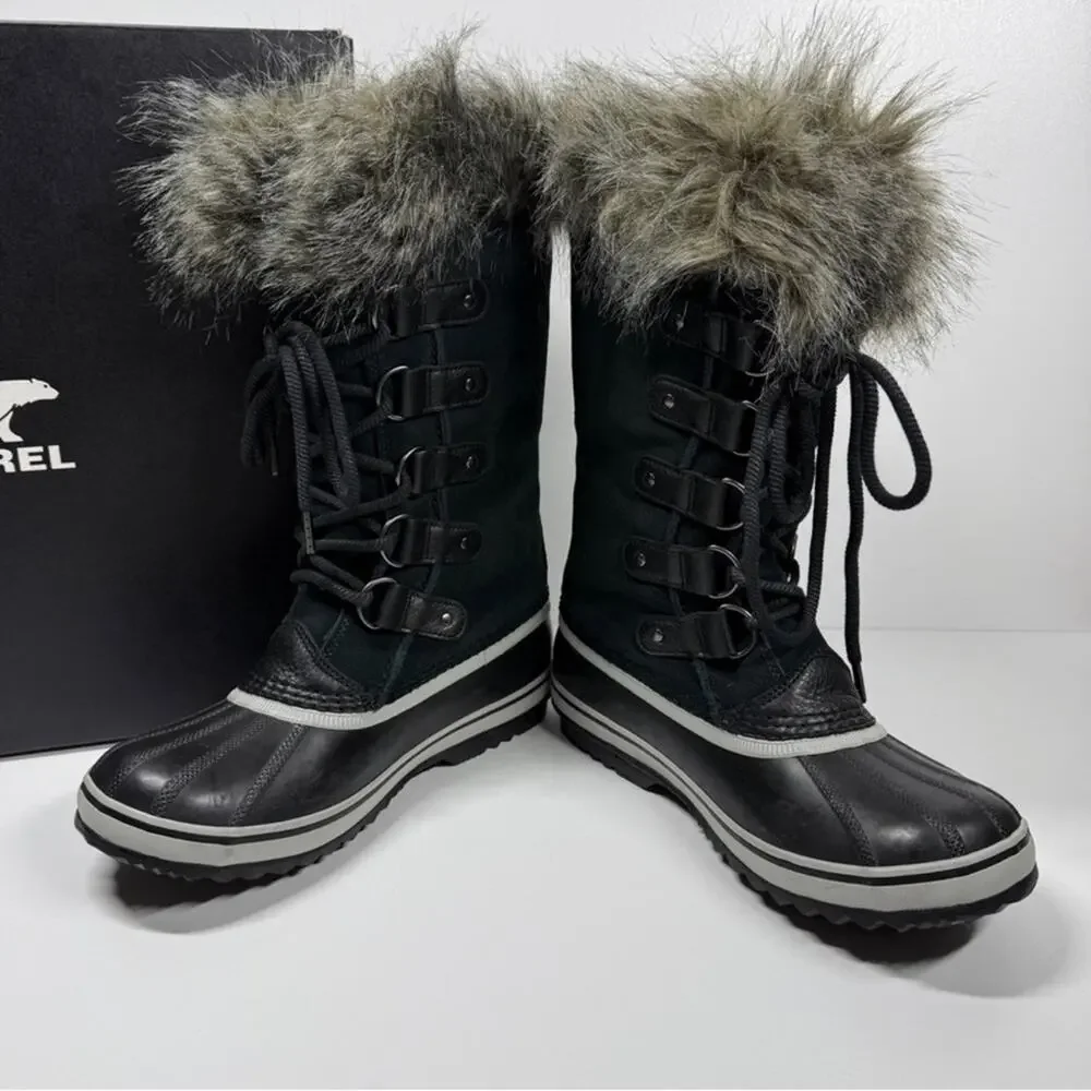 NIB Sorel Joan of Arctic Black Suede Leather Faux Fur Collar Winter Boots Size 9